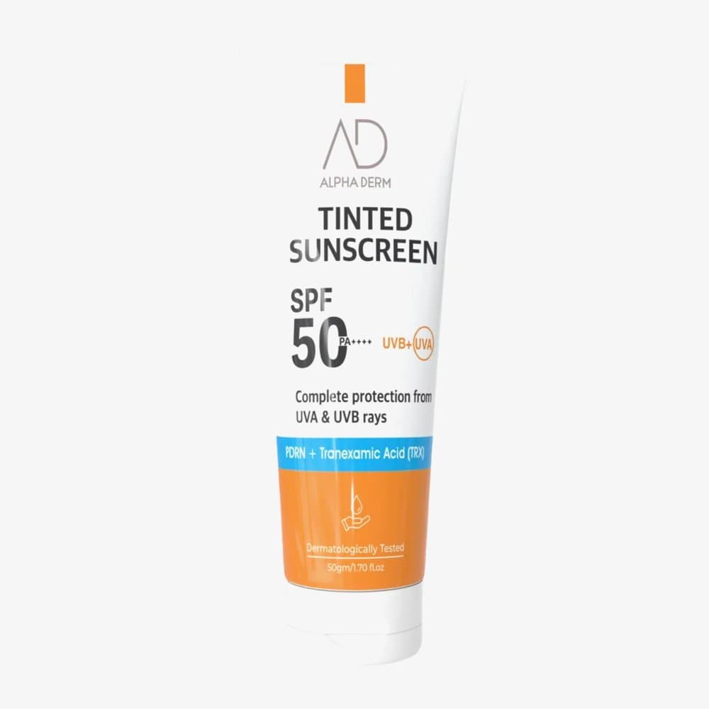 Alpha Derm Tinted Sunscreen SPF 50 PA++++ 50g orange and white tube