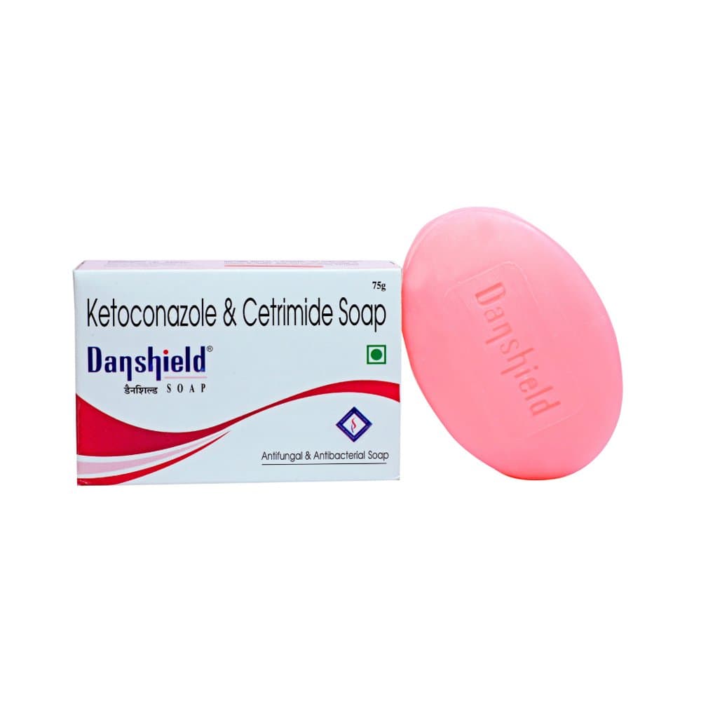 Surbhitam Danshield Ketoconazole & Cetrimide Soap 75g carton with pink bar