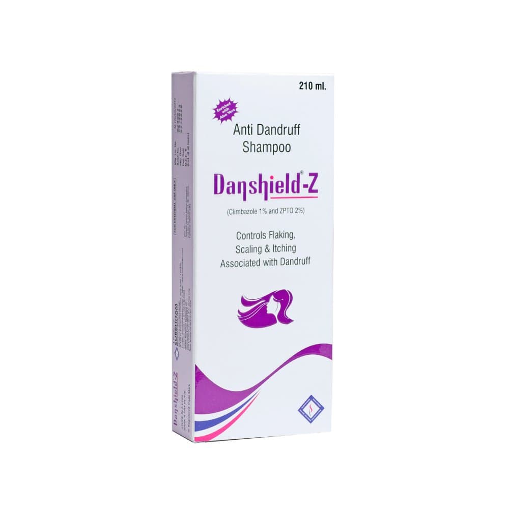 Surbhitam Danshield-Z Anti Dandruff Shampoo 210ml white and purple carton
