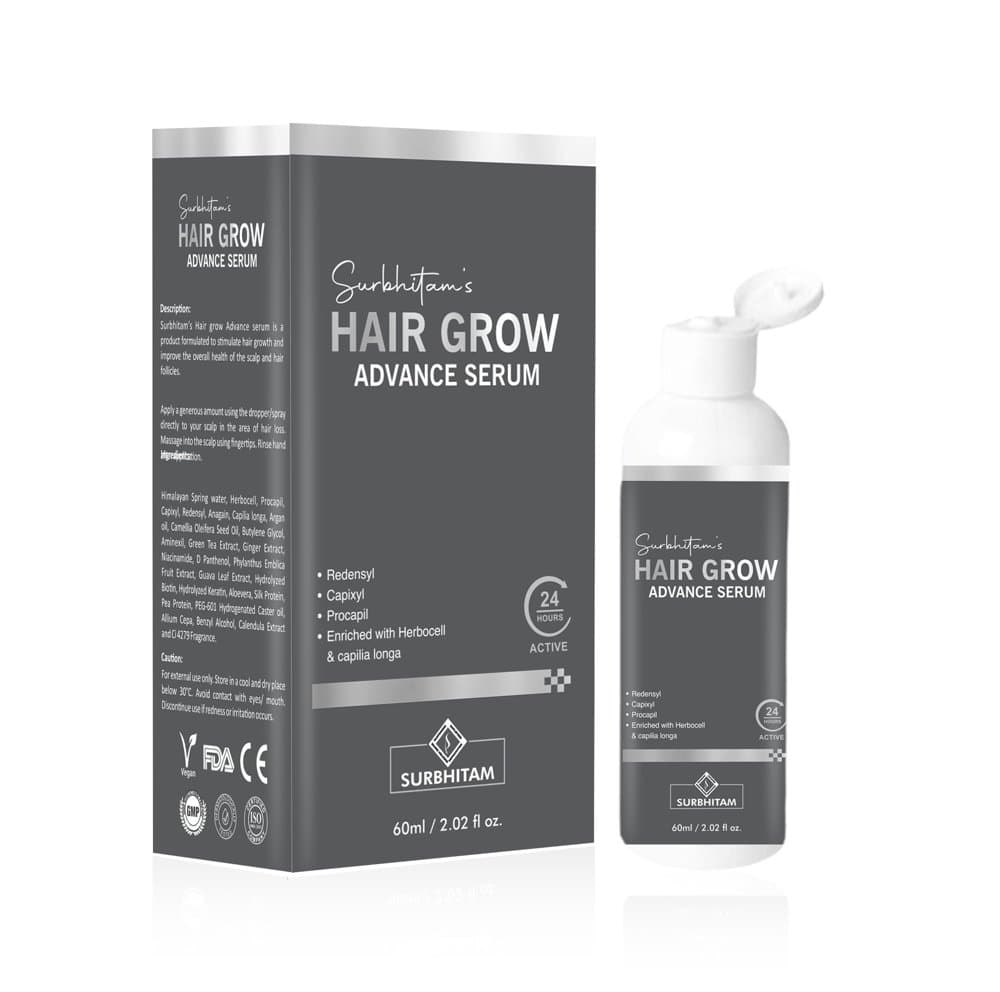 Surbhitam's Hair Grow Advance Serum 60ml grey bottle and carton