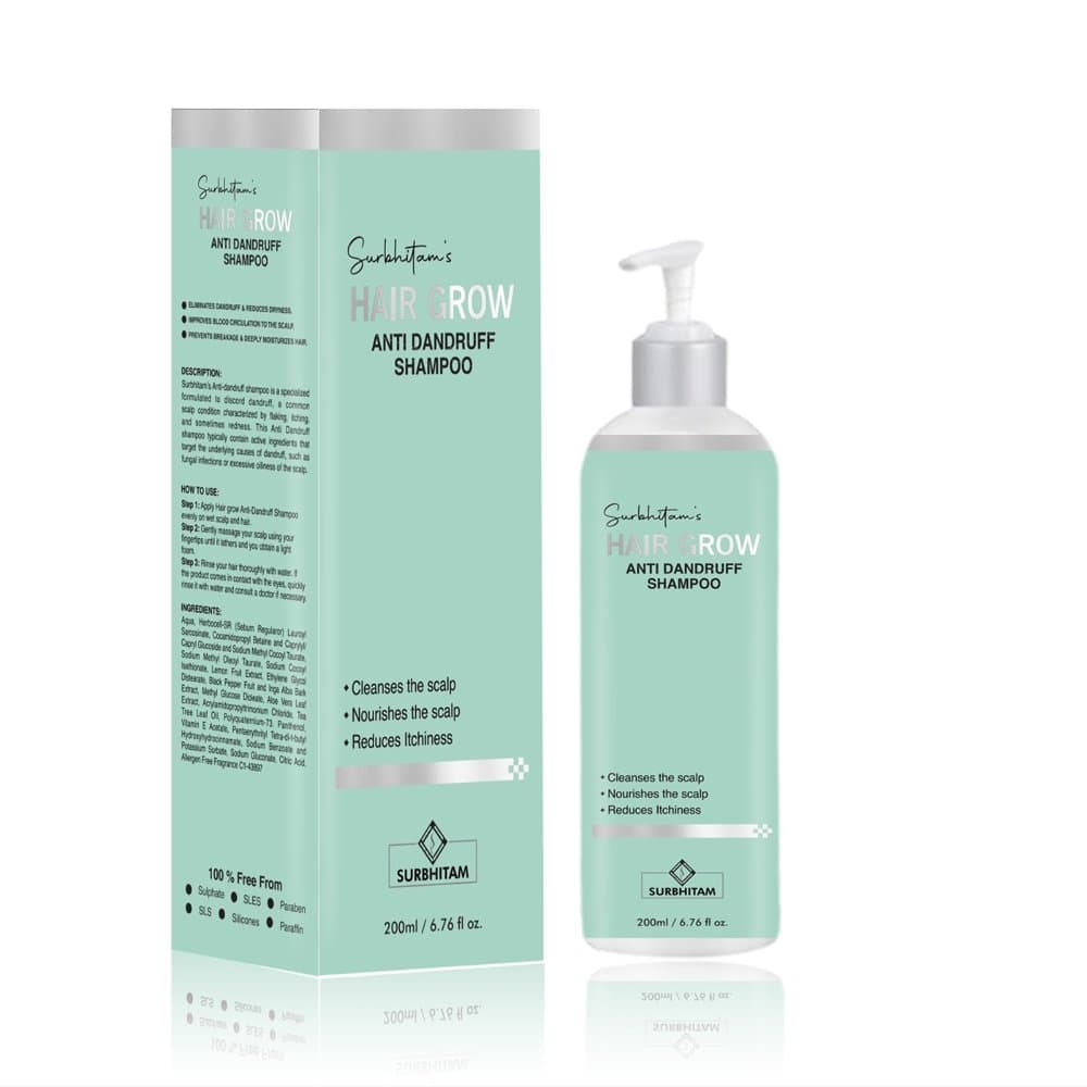 Surbhitam's Hair Grow Anti Dandruff Shampoo 200ml mint pump bottle and carton
