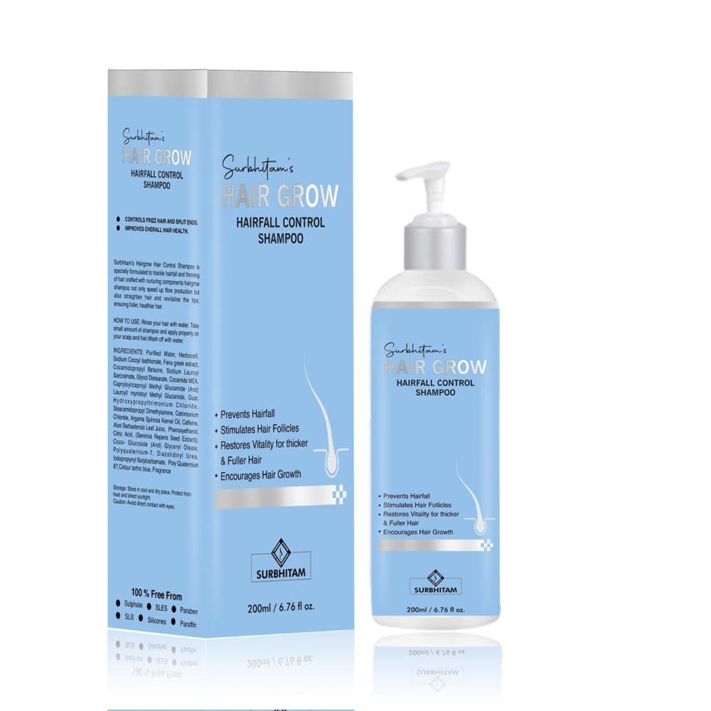 Surbhitam's Hair Grow Hairfall Control Shampoo 200ml blue pump bottle and carton