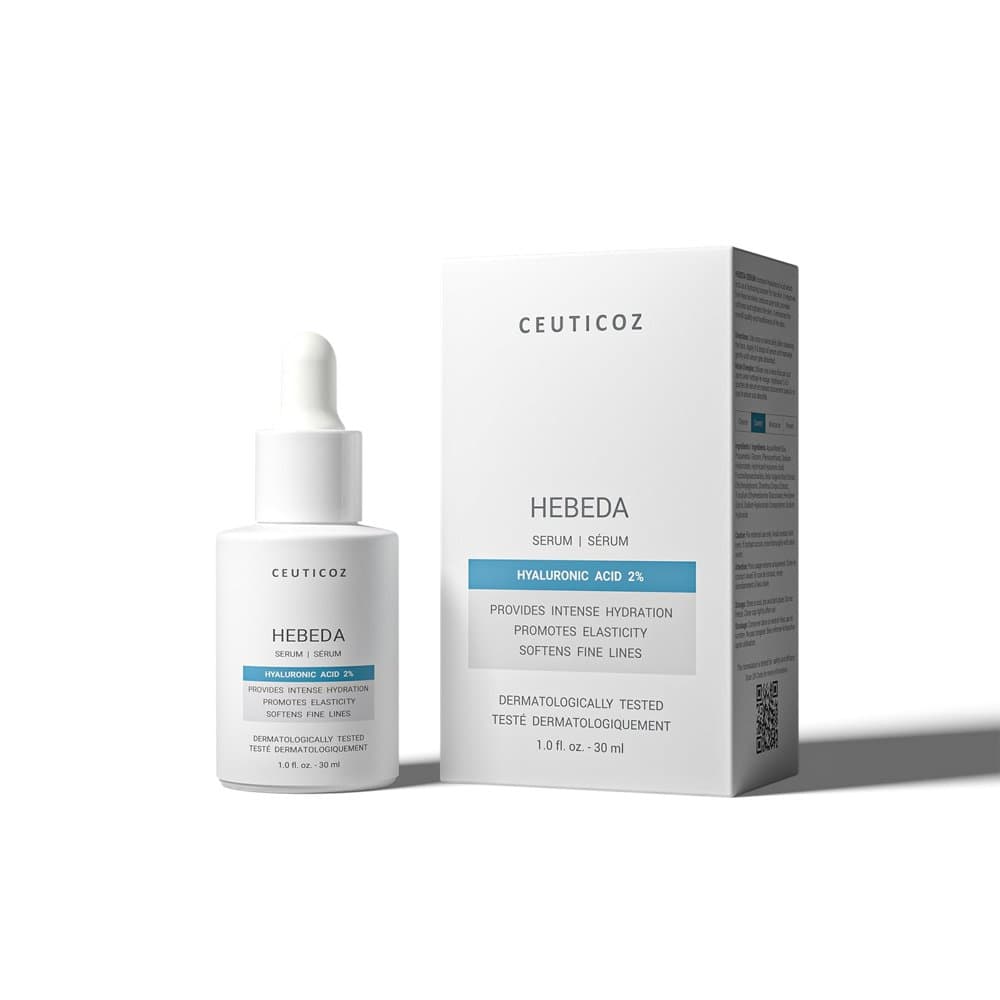Ceuticoz Hebeda Serum Hyaluronic Acid 2% 30ml dropper bottle with its box