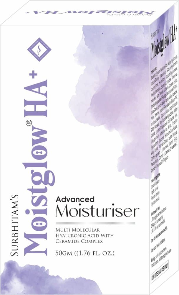 Surbhitam's Moistglow HA+ Advanced Moisturiser 50g lilac carton
