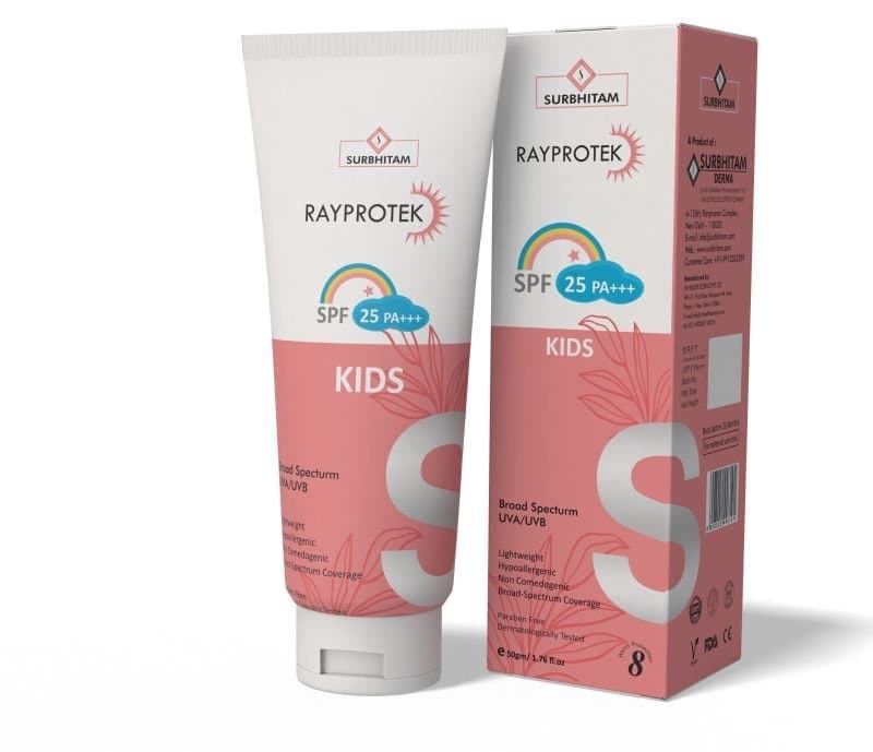 Surbhitam Rayprotek Kids SPF 25 PA+++ 50g pink tube and carton