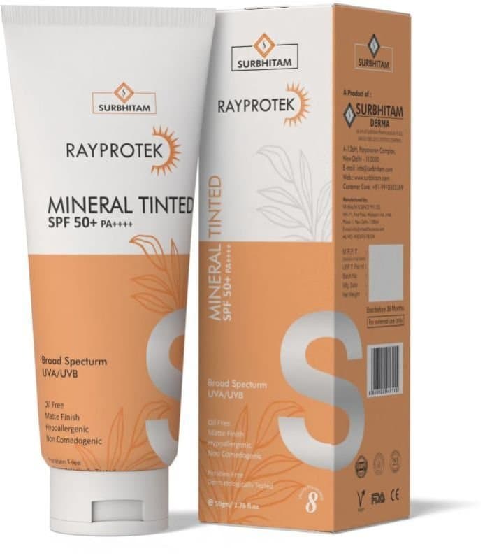 Surbhitam Rayprotek Mineral Tinted SPF 50+ PA++++ 50g tube and carton