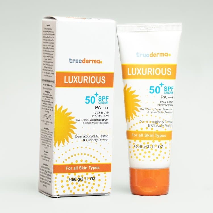 True Derma Luxurious 50+ SPF sunscreen cream PA+++ 60g tube and carton