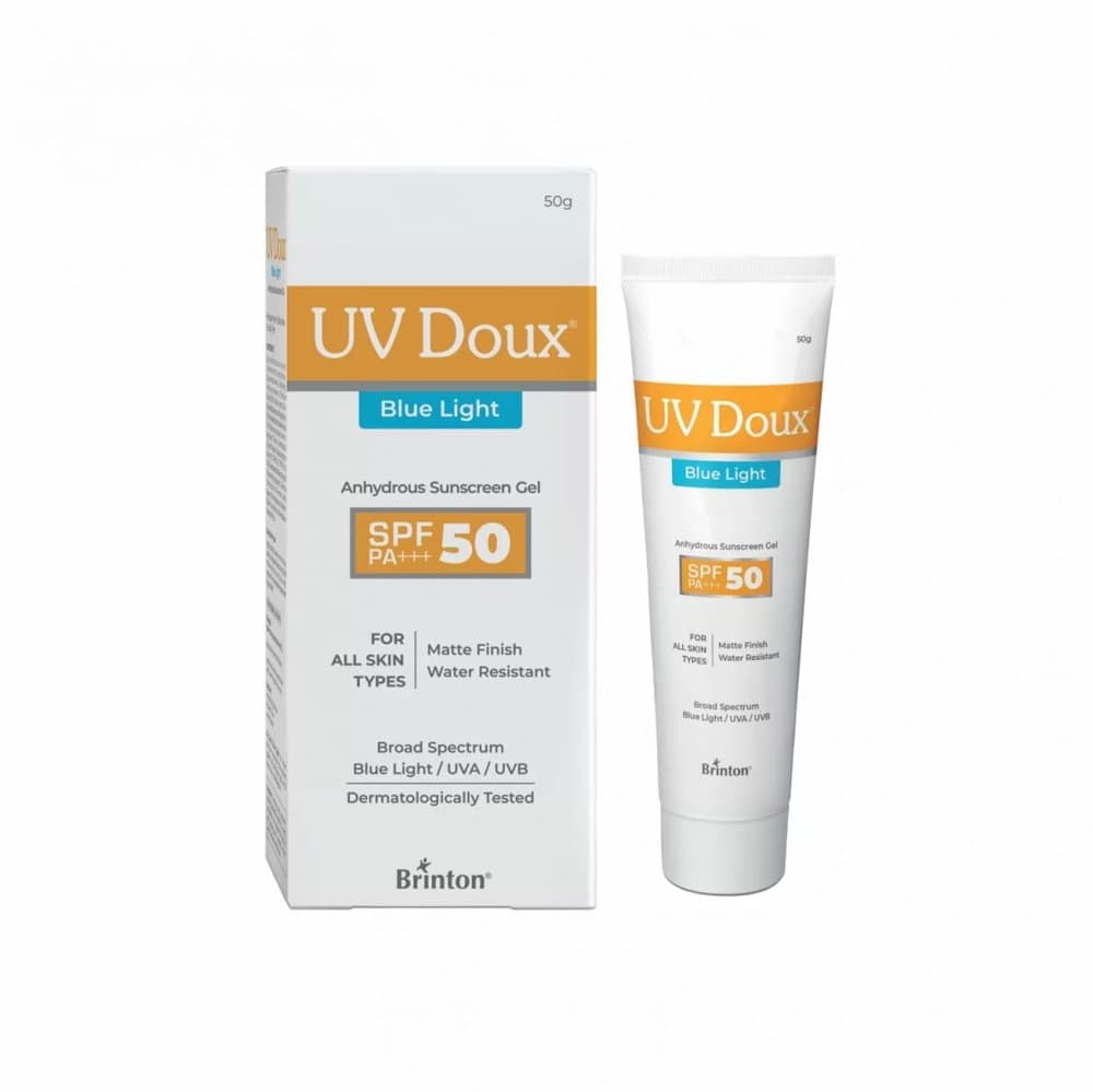 UV Doux Blue Light Sunscreen Gel SPF 50 PA+++ 50g tube and carton