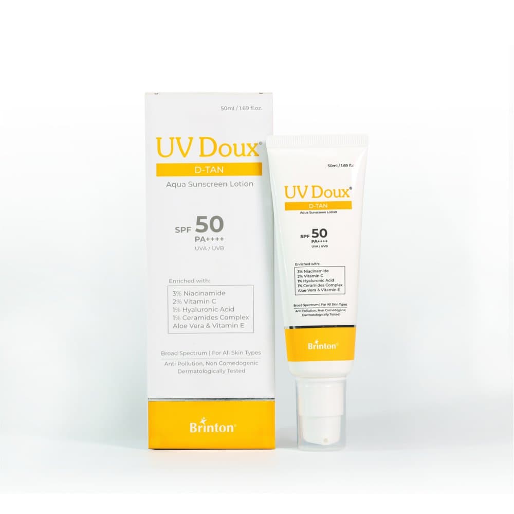 UV Doux D-Tan Aqua Sunscreen Lotion SPF 50 PA++++ 50ml tube and carton