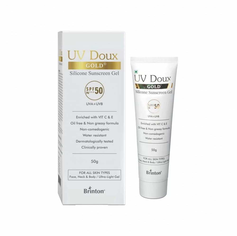 UV Doux Gold Silicone Sunscreen Gel SPF 50 PA+++ 50g tube and carton