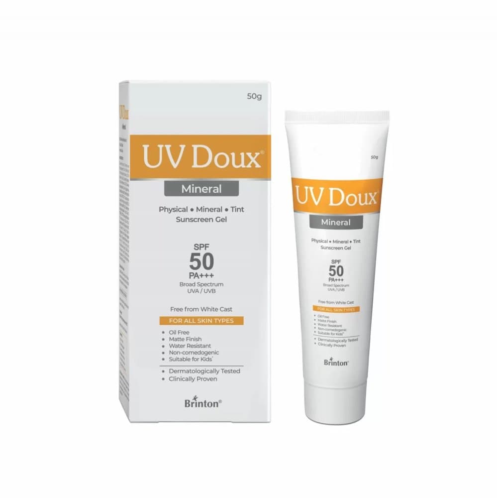 UV Doux Mineral Sunscreen Gel SPF 50 PA+++ 50g tube and carton