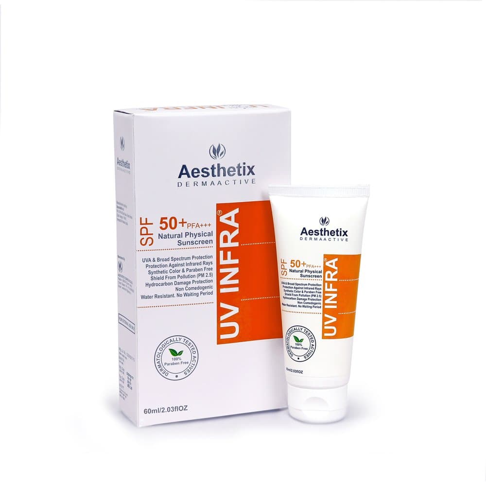 Aesthetix UV Infra SPF 50+ Natural Physical Sunscreen gel 60ml tube and box
