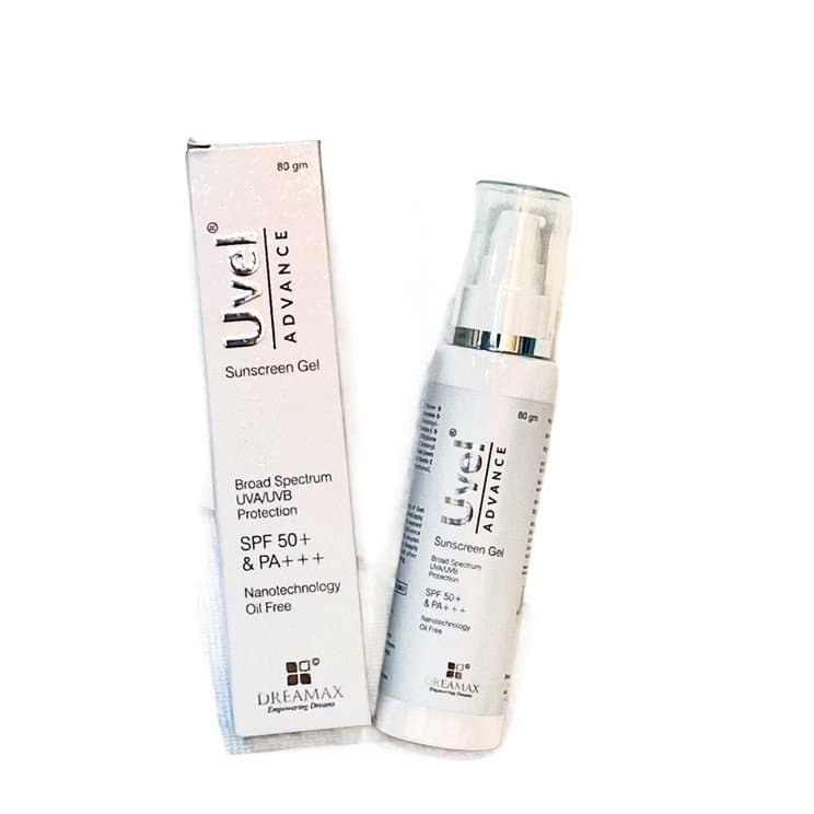 Uvel Advance Sunscreen Gel SPF 50+ PA+++ 80g pump bottle and carton by Dreamax