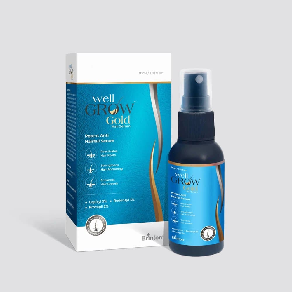 WellGrow Gold Hair Growth Serum 30ml spray bottle and carton