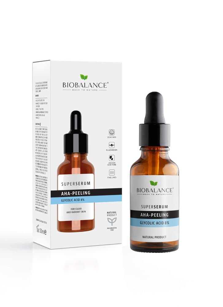 Biobalance Super Serum AHA-Peeling Glycolic Acid 8% 30ml dropper bottle with its box