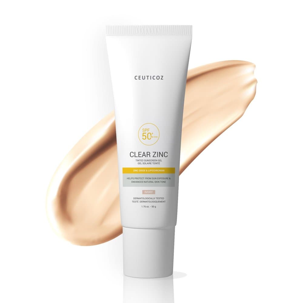 Ceuticoz Clear Zinc Tinted Sunscreen Gel SPF 50+ Ivory 50g tube with an Ivory tint swatch