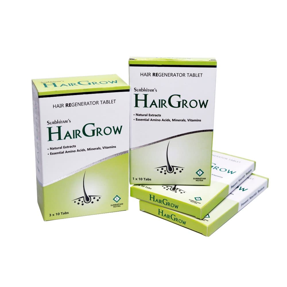 Surbhitam's Hair Grow Hair Regenerator Tablet cartons, 1 x 10 and 3 x 10 tablets