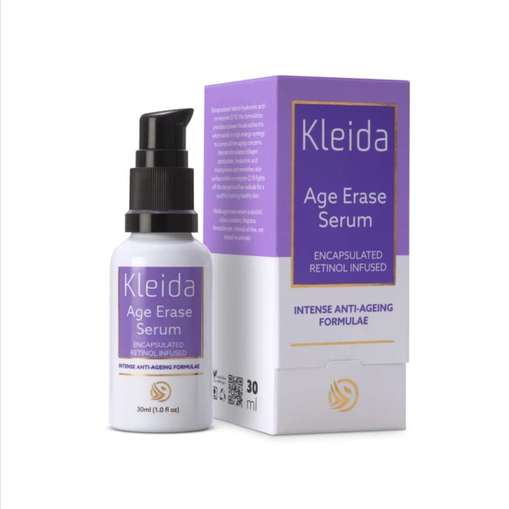 Kleida Age Erase Serum encapsulated retinol 30ml pump bottle and carton