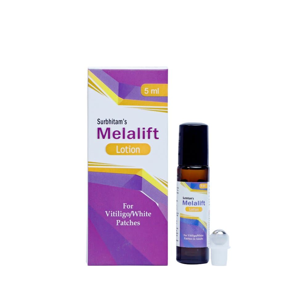 Surbhitam's Melalift Lotion 5ml roll-on bottle and purple carton