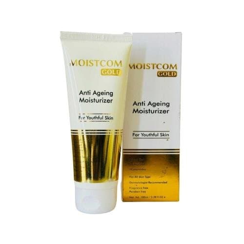 Moistcom Gold Anti Ageing Moisturizer 100ml tube and carton