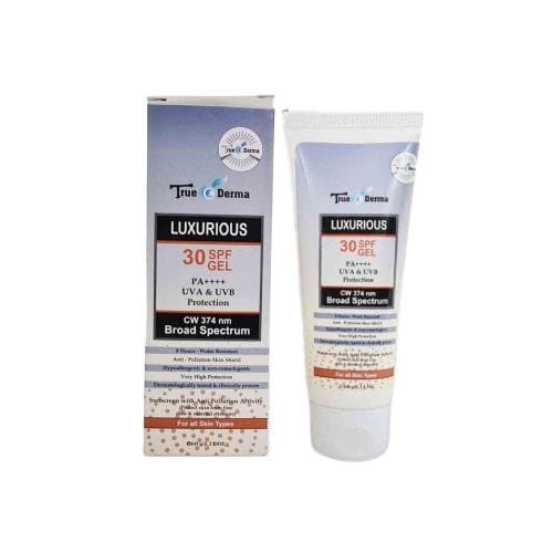 True Derma Luxurious 30 SPF sunscreen gel PA++++ tube and carton