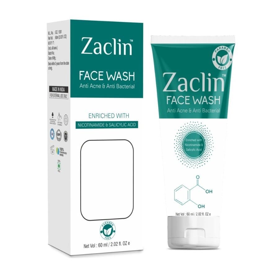Zaclin Face Wash Anti Acne & Anti Bacterial 60ml tube and box